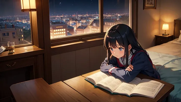 Ghibli style, A girl studying alone at a desk,Beauty， Night view from the room, A dreamy look outside the window, Cute girl in anime style, Relax in your room, A room filled with warm light