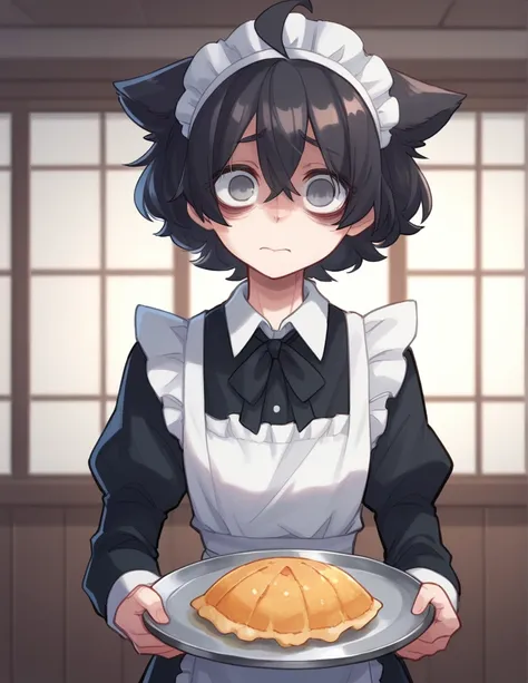 1 girl, alone, ppka, black fur, short hair, messy fur, Ahoge, parts, parts por todo el cuerpo, grey eyes, empty eyes, sad eyes, blind, very nervous, slight smile, maid, takes a maid, looking at the viewer, holding a tray with drinks