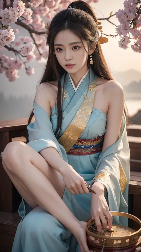 "Create an extreme high-quality, highly detailed artwork of Tzuyu from Twice, dressed in an elaborate and exquisite Hanfu. The Hanfu should be adorned with intricate embroidery, rich textures, and vibrant colors that reflect traditional Chinese artistry. S...