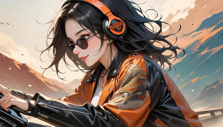 ((8k of extremely detailed CG unit, Masterpiece, high resolution, highest quality, highest quality real texture skin)), (((profile))), (((Japanese pattern leather jacket))), (((Harley-Davidson))), (((Japanese style headphones))), (((sunglasses))), (((Smili...