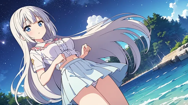 A nice white shirt that lets you see. 、Light blue flared skirt with ruffles、She lifts her skirt with both hands to show off her pretty white underwear.、Cute white underwear visible when you lift your skirt.、sandy beach, beautiful sea, night and starry sky ...