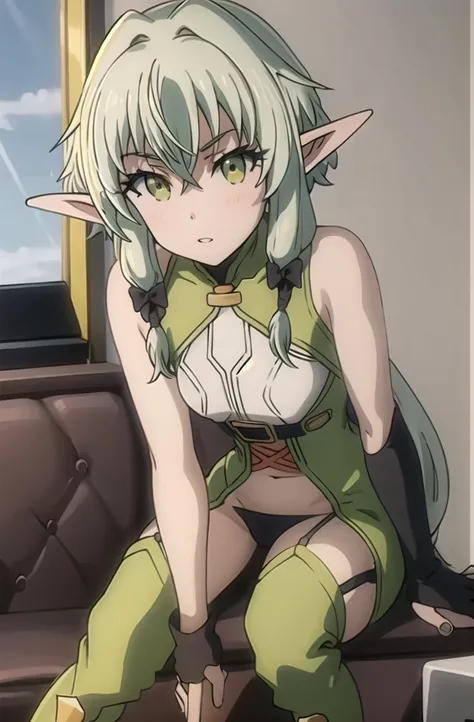 (masterpiece, best quality, detailed), 1girl, solo, pikkyhighelf, looking at viewer, green hair, sidelocks, hair between eyes, bangs, long hair, green eyes, pointy ears, elf, bow, black bow, hair bow, small breasts,
stealthtech, cutting edge, scifi, bodysu...