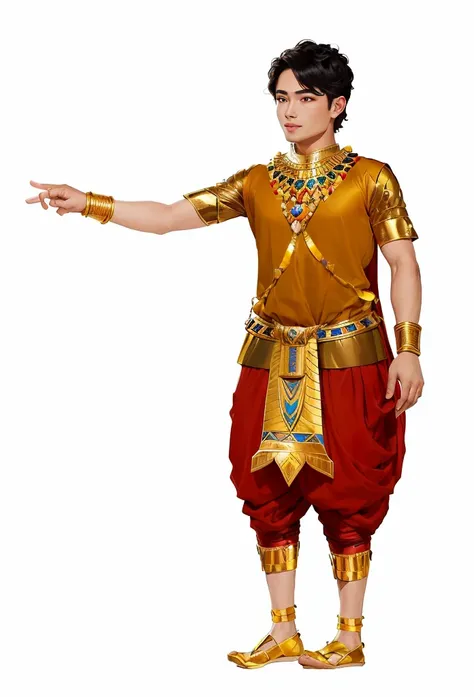 arafed man in a thai costume pointing to something, pharaoh clothes, egyptian clothing, costume desig, egyptian clothes, high quality theatre costume, ashoka tano, sukhothai costume, costume, tai costume, pharaoh, attractive male deity, jeweled costume, hi...