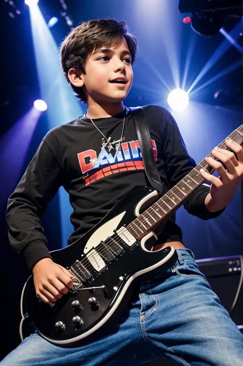 A boy on stage playing electric guitar