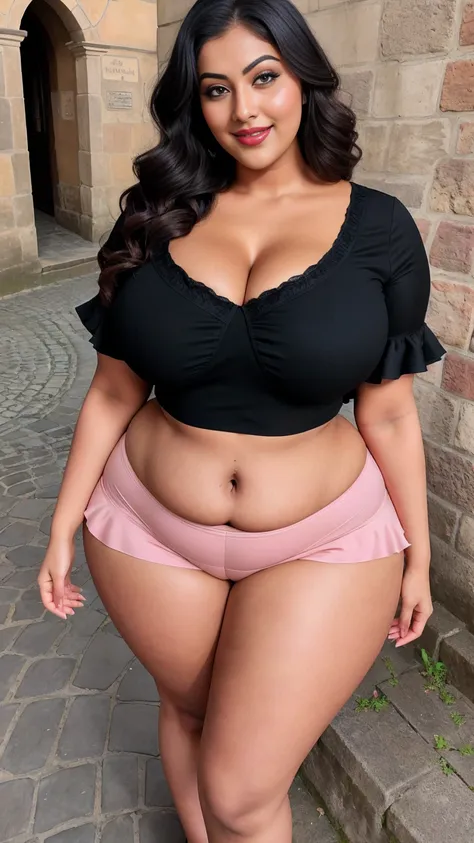 Indian gorgeous curvy plus size actress madhubala, glowing eyes, wearing SHEIN Clasi Plus Size Solid Color Shirt With Ruffle Detail And Round Neckline Color: Crimson Glow, covered Bust, parted lips, thick thighs, bigger waist, busty, curvy plus size body, ...