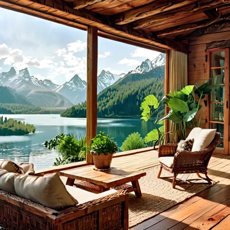 A cozy and rustic living room with an expansive view of a tranquil mountain lake. The room is furnished with comfortable wicker chairs, soft cushions, and a wooden coffee table. The design includes earthy tones, natural materials, and indoor plants, creati...