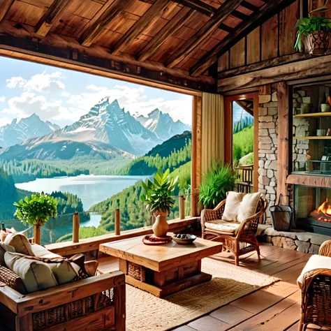 A cozy and rustic living room with an expansive view of a tranquil mountain lake. The room is furnished with comfortable wicker chairs, soft cushions, and a wooden coffee table. The design includes earthy tones, natural materials, and indoor plants, creati...