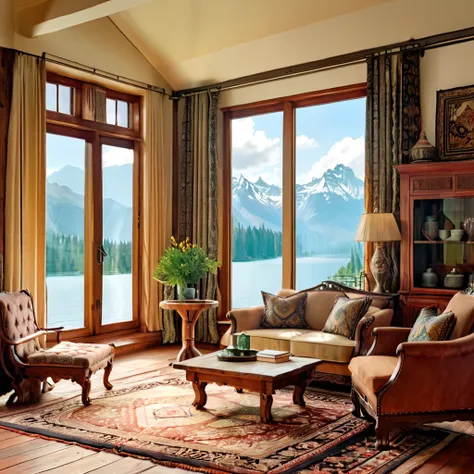 A vintage-inspired living room with a breathtaking view of a peaceful mountain lake. The space is decorated with classic wooden furniture, ornate rugs, and elegant drapery. The rooms color scheme features rich, warm hues that complement the natural surroun...