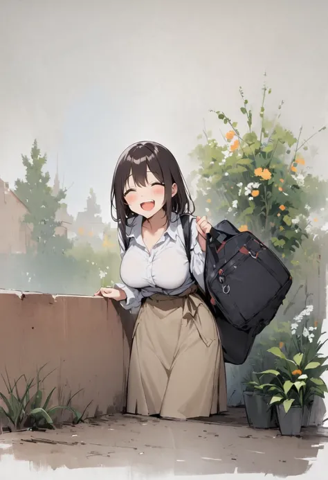 She is wearing her bag across her body、Big Breasts、sweater、Open both eyes、Laugh innocently、at the park、squirt、Passersby、Square、Plants