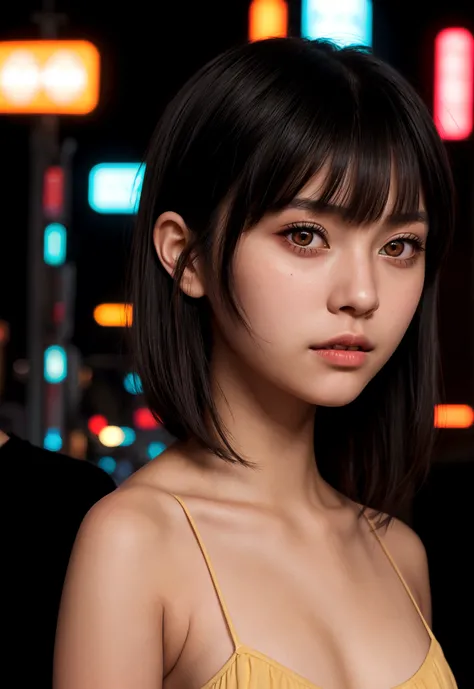 cinematic realistic portrait of a young girl, adolescent, caucasiana, fly away, modern casual dark clothes, minimalist alternative style, Beautiful woman, short, slightly wavy shoulder-length hair with bangs, (honey eyes), Nightlife in Tokyo, neon lights