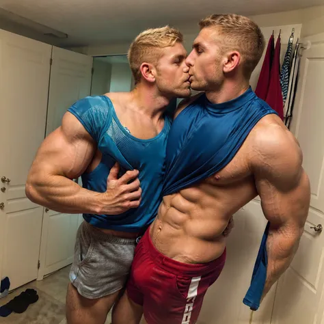 Handsome muscular shirtless  naked blonde man blushing, as a muscular handsome brown haired man wearing a red tank top and blue shorts kissing his neck, changing room background 