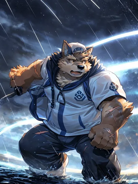 human nature, Wildlife, male,18 years old， solitary, ((Round Face, The face is plump,Orange eyes,Thick orange hair，With scars)), ((Endomorph, Handsome，Hot Blood)), (Sportswear，Light blue and white coat，Wear a sports cap), ((domestic 犬, Dog Orc，) Fluffy fur...