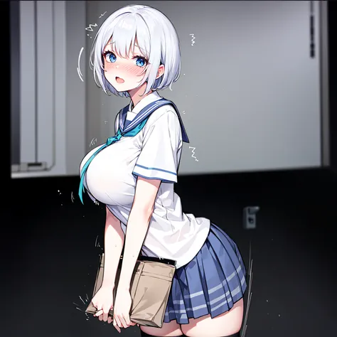 1 girl standing, short hair, sailor uniform, black thighhighs, huge breasts, blue skirt, holding a note, BREAK, nose blush, orgasm