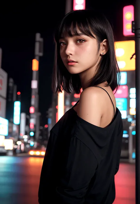 cinematic realistic portrait of a young girl, adolescent, (caucasiana), fly away, modern casual dark clothes, minimalist alternative style, Beautiful woman, short, slightly wavy shoulder-length hair with bangs, (honey eyes), Nightlife in Tokyo, neon lights