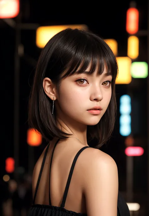 cinematic realistic portrait of a young girl, adolescent, (caucasiana), fly away, modern casual dark clothes, minimalist alternative style, Beautiful woman, short, slightly wavy shoulder-length hair with bangs, (honey eyes), Nightlife in Tokyo, neon lights