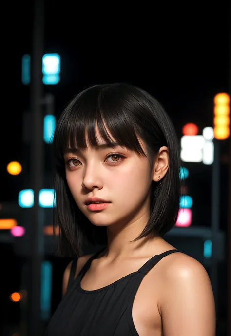 cinematic realistic portrait of a young girl, adolescent, (caucasiana), fly away, modern casual dark clothes, minimalist alternative style, Beautiful woman, short, slightly wavy shoulder-length hair with bangs, (honey eyes), Nightlife in Tokyo, neon lights