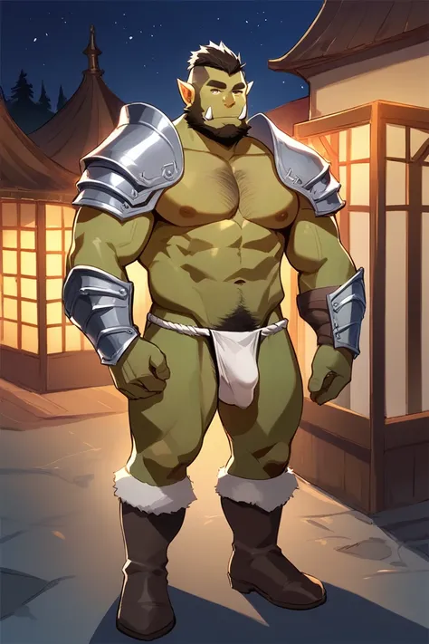 score_9, score_8_up, score_7_up, solo, male focus, mature male, orc, green skin, tusks, beard, outdoors, micro armor , shoulder armor, breastplate, upper body, closed mouth, pauldrons, night, night sky, standing , boots  , shirtless , (micro fundoshi) , fu...