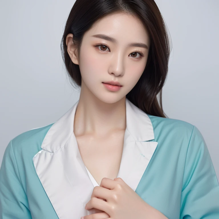 masterpiece, best quality, 1girl, (resting chin in hands), hospital bed, Beautiful Japanese female doctor wearing white labcoat over teal scrubs,beautiful detailed face, pale skin, realistic skin, detailed cloth texture, detailed hair texture, accurate, An...