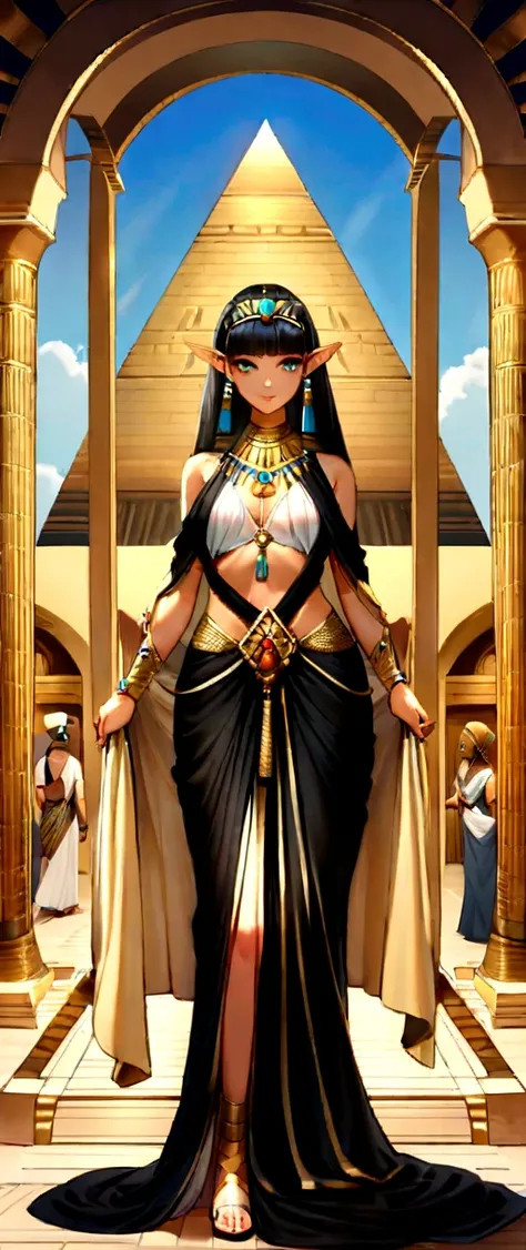 A captivating cinematic photograph of a radiant 22-year-old sexy elf in ancient Egypt. She exudes elegance and fashion, wearing a vibrant and intricately designed dress adorned with gold and jewels. Her hair is adorned with a magnificent headdress that com...