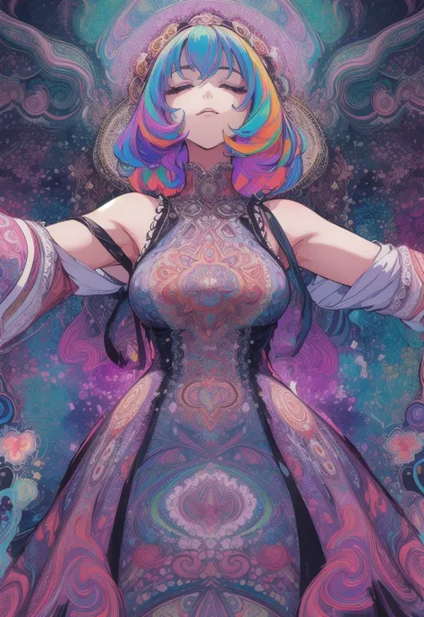 (psychedelic art:1.5), (from below:1.2), intricate dress, upper body, closed eyes, libido , Clothing erotica