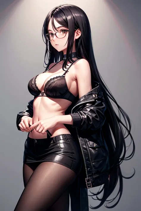 Long black hair，Black Eyes，Glasses，girl，3-piece bra，underwear