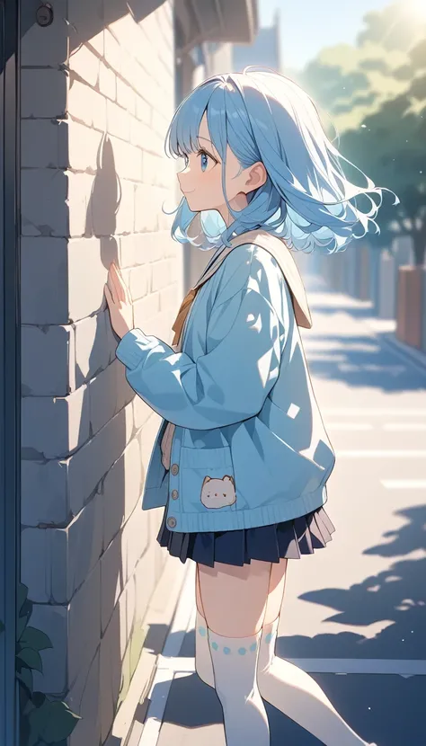 Anime Style, Very detailedなイラスト, Very detailed, beautiful, 8K, ( alone), Cute baby face, So cute, smile,｛school uniform, Plain,Plain cardigan｝, (Outdoor, Town Street) ,Blue Hair,short straight bangs, smile,blue eyes, , Please raise your hand, From the side...