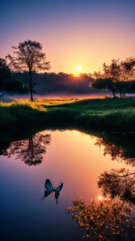 lowers, mirror, butterfly, moon, fog, sunset