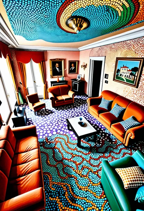 an illustration of a living room of a mafioso italian gangster precious and richly decorated house, distorted perspectives, exaggerated scales, color and geometric patterns, pointillism, bold,, flat, sharp