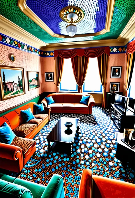 an illustration of a living room of a mafioso italian gangster precious and richly decorated house, distorted perspectives, exaggerated scales, color and geometric patterns, pointillism, bold,, flat, sharp