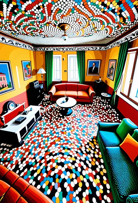 an illustration of a living room of a mafioso italian gangster precious and richly decorated house, distorted perspectives, exaggerated scales, color and geometric patterns, pointillism, bold,, flat, sharp