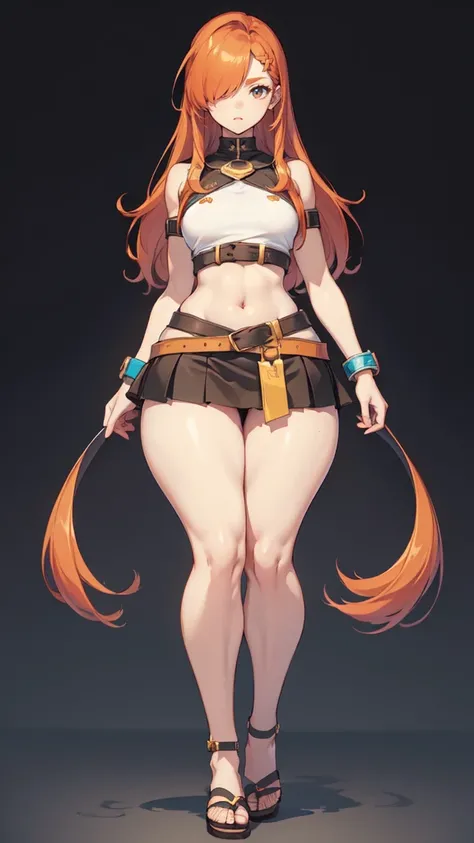 blank background, (((full body))), (masterpiece), ((best quality)), (very short girl), ((flat chest)), hair over one eye, (wide hips:1.4), (thick thighs:1.5), (very short skirt), sandals, belt below navel, fanny packs, ginger hair