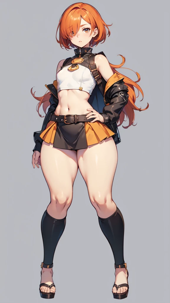 blank background, (((full body))), (masterpiece), ((best quality)), (very short girl), ((flat chest)), hair over one eye, (wide hips:1.4), (thick thighs:1.5), (very short skirt), sandals, belt below navel, fanny packs, ginger hair