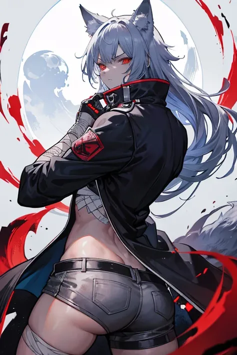 Street Brawler,Wolf Girl,The back of his hand is wrapped in a bloody bandage,His gaze was sharp.,whole body,Wearing a jacket,The moon is out at night,Six-pack,Chest is bandaged