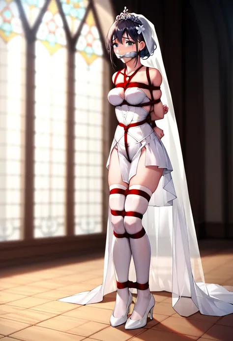 (highly detailed cg unity 8k), (highest quality)，(very detailed)，(ultra high resolution), 1 female, (white cloth gag:1.4), rope ...