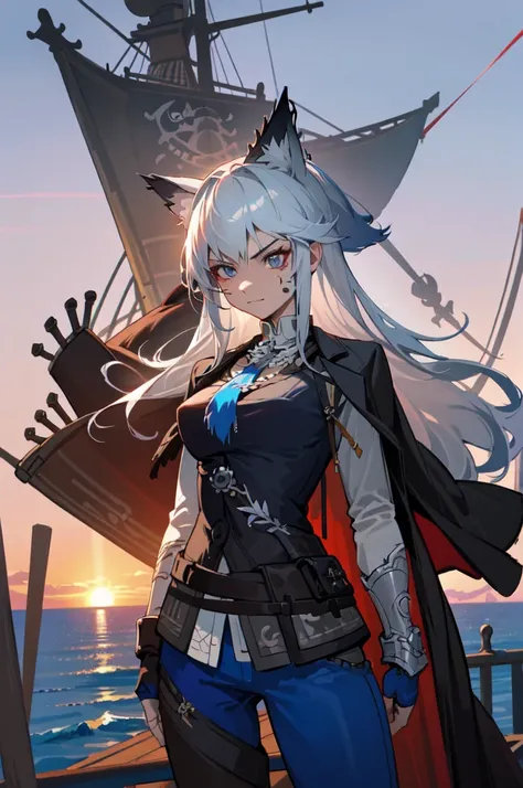 a dashing, tall, long-haired white-haired female pirate, radiating with luminous tan skin and captivating blue-gray eyes. Adorned with red tribal tattoos on her face and muscular physique, boasting defined abs, lifting her arm. Clad in pirate pants and lea...