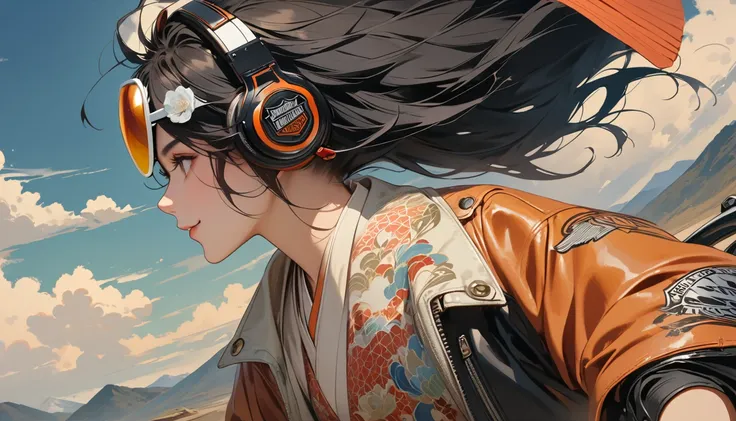 ((8k of extremely detailed CG unit, Masterpiece, high resolution, highest quality, highest quality real texture skin)), (((profile))), (((Japanese pattern leather jacket))), (((Harley-Davidson))), (((Japanese style headphones))), (((sunglasses))), (((Smili...