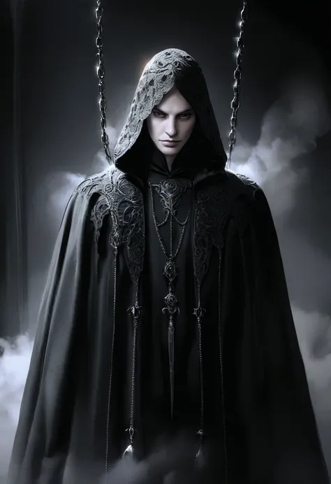 severus snape in black robes, captured by magical white light chains held by hooded white mage figures, dark art, hyperrealistic, cinematic lighting, dramatic, volumetric fog, intricate details, chiaroscuro, dark fantasy, gothic, moody