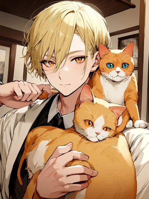 1 chico, blond hair, with his orange white cat that is on his shoulder posing for the photo