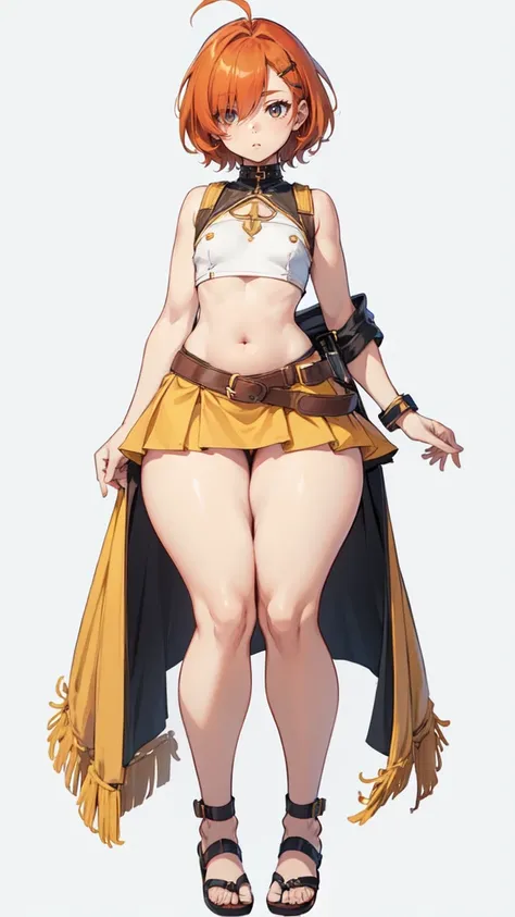 blank background, (((full body))), (masterpiece), ((best quality)), (very short girl), ((flat chest)), hair over one eye, (wide hips:1.4), (thick thighs:1.5), (very short skirt), sandals, belt below navel, fanny packs, ginger hair