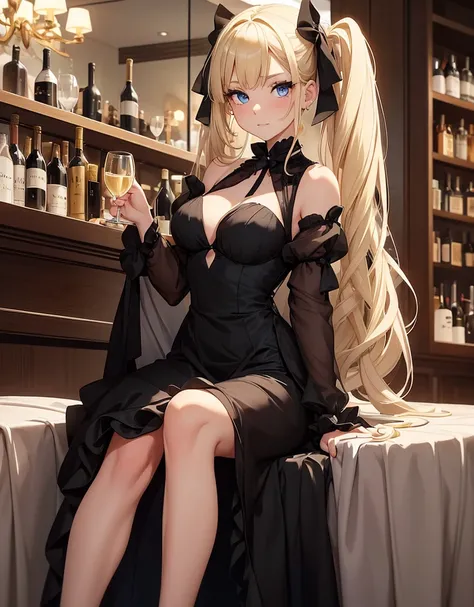  an adult girl, She has two pigtails falling over her shoulders, decorated with black ribbons, SHE HAS BLONDE HAIR, blue eyes and a very elegant and very long black dress for a gala dinner with a cut that allows her to show her leg, wears beautiful evening...