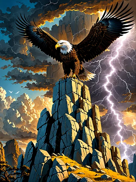 Illustrate a conceptual scene signifying power, Visualize an ancient stone throne, situated at the peak of a soaring cliff, The sky behind the throne anticipates an impending storm, and the wind forcefully sweeps the cliff, tossing loose rocks aside. An ea...