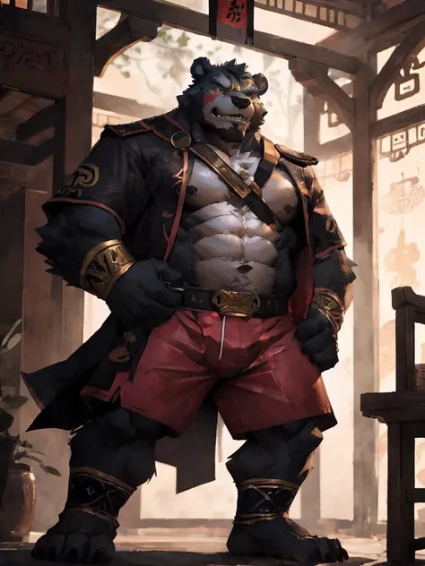 furry character，A very tall and strong bear，He was bare-chested and wearing a pair of cloth shorts，he is a chinese bandit boss，With a fierce look on his face，he is middle age，The Bandit Stockade，ancient style，perfect eyes，clear eyes，by lindong