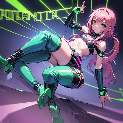 (masterpiece), (best quality), (high res) Solo, (perfect anatomy young girl (10 years old), fair skin, pink hair (shoulder length), green eyes, (skin tight idol outfit), (blue high heels boots), (tied up shirt), (super tight mini shorts), smiling, flat che...