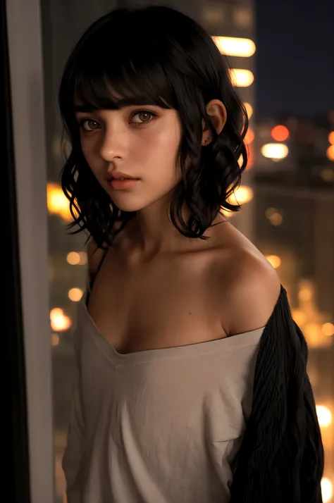 cinematic realistic portrait, front-facing, of a young girl, adolescent, (caucasiana), fly away, modern casual dark clothes, Long t-shirt, minimalist alternative style, Beautiful woman, ((short wavy hair to the shoulders with bangs)), (honey eyes), Pursed ...