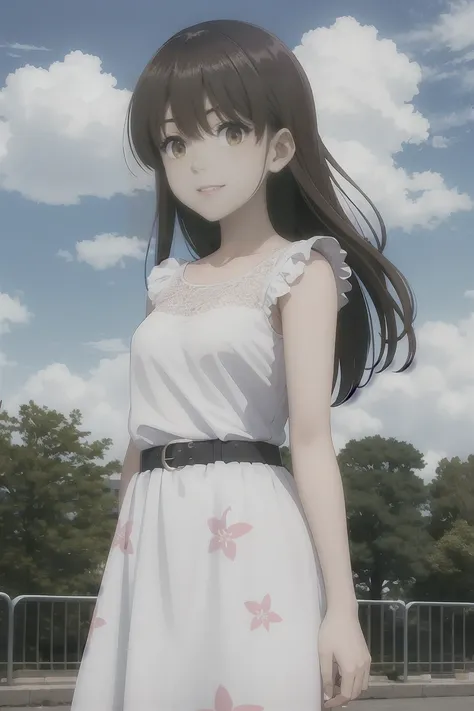 (masterpiece, best quality:1.2), 1girl, yumiko koizumi, asymmetrical bangs, bangs, black hair, blue sky, brown eyes, brown hair, cloud, cloudy sky, dress, eyebrows visible through hair, floral print, long hair, white dress, looking at viewer, outdoors, sky...