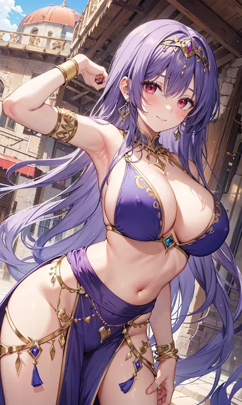 high quality, ultra detailed, best quality, insanely detailed, beautiful, masterpiece, 1girl, medieval plaza, cowboy shot, red eyes, long hair, purple hair, belly dancer, circlet, earrings, armlets, bracelets, bashful smile, large breasts, cleavage, soft s...