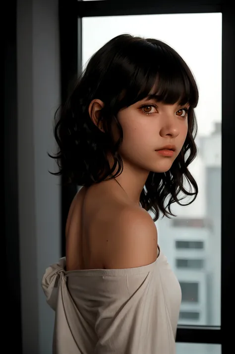 cinematic realistic portrait, front face, of a young girl, adolescent, (caucasiana), fly away, modern casual dark clothes, Long t-shirt, minimalist alternative style, Beautiful woman, ((short wavy hair to the shoulders with bangs)), (honey eyes), Pursed li...