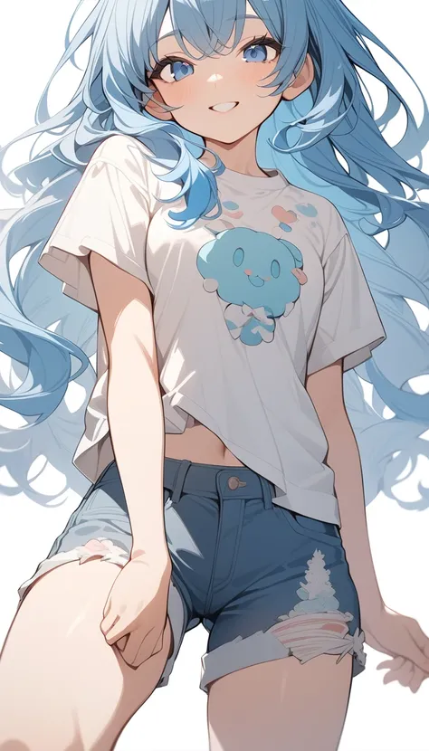 anime style, whole body, (female): 1girl, (solo), (perfect face), (detailed outfit), (little girl), beautiful female, smile (happy), blue hair, long hair, blue eyes, (white shirt, denim short pants), (white background), (masterpiece:1.4), (best quality), (...