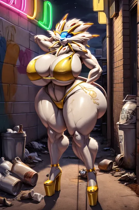 Solgaleo,Anthro, big breasts, big tits, thin waist, big ass, lion tail, thick thighs, bare feet, Gold Swimsuit, Gold Bikini, Gold High Heels, alleys in buildings, neon sign, graffiti on walls, areas full of trash, liquor bottle ,garbage, dirt, dirty bodies...