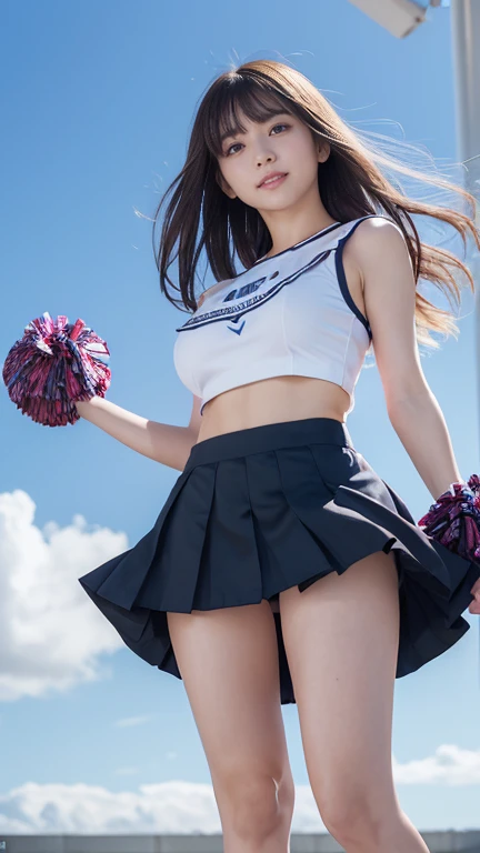 ((from below:1.5)),((cheerleader:1.4)),((Cheerleader)),Back view、look back、Low - Angle、((The skirt is blown up high by the wind:1.6)),((Cheerleader)),(huge breasts:1.5),((abnormally short skirt:1.8)),((under breast:1.8)),((sweat:1.3)),((Underwear is visibl...